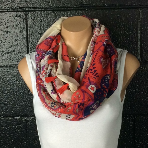 Accessories - Red and Purple Tassel Infinity Scarf